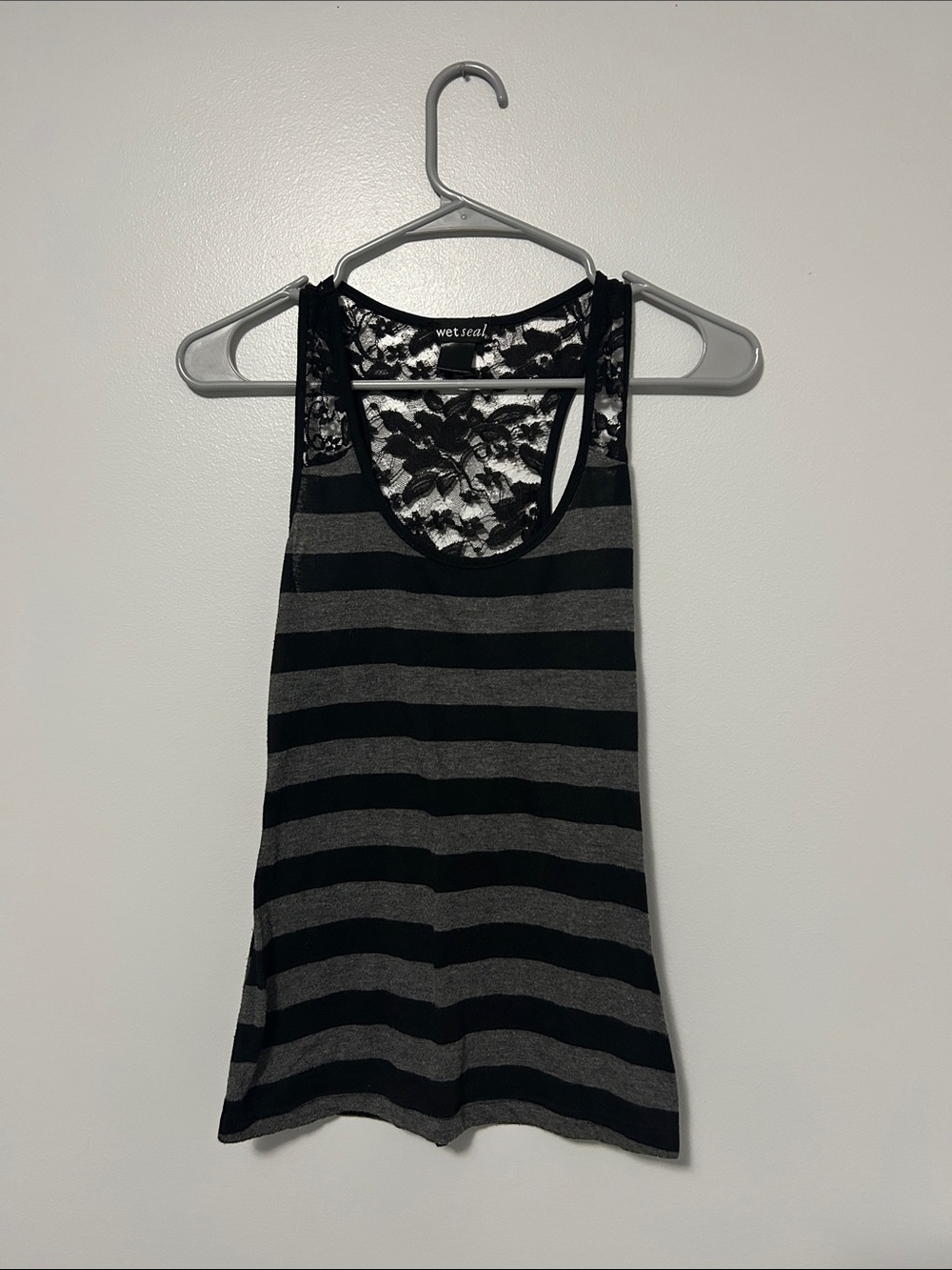 Wet Seal Black & Gray Striped Lace-Back Racerback Tank